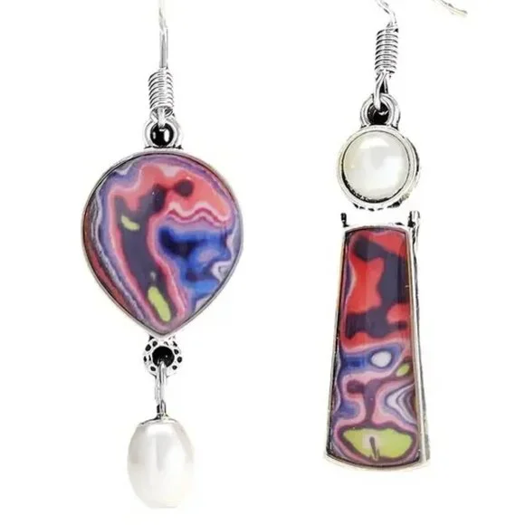 Asymmetrical Multi-Color Faux Pearls Pendant Drop Earrings - NEW - Picture 1 of 4